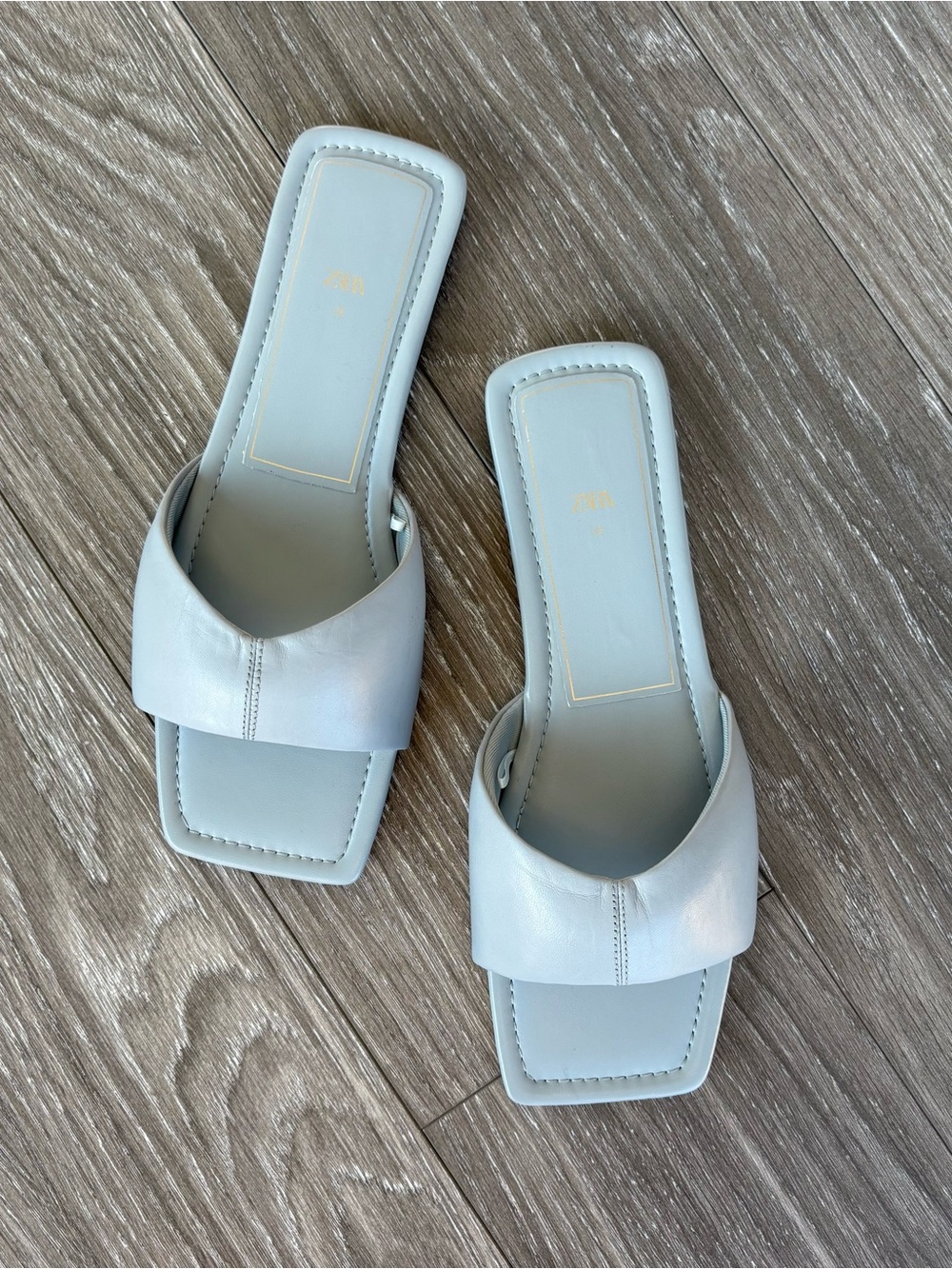 Zara Leather Light Blue  Square-Toe Slide Sandals